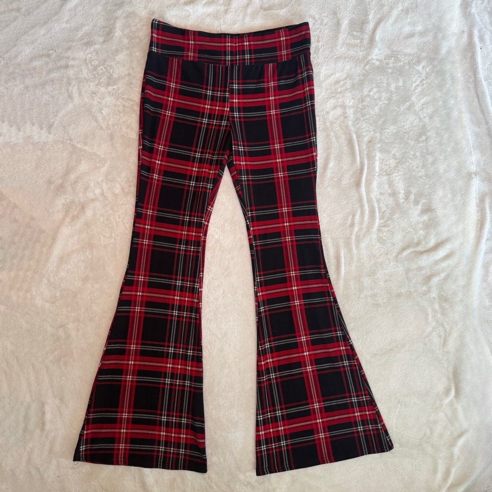 Punk Grunge Red & Black Plaid Flare Leg Leggings Pants